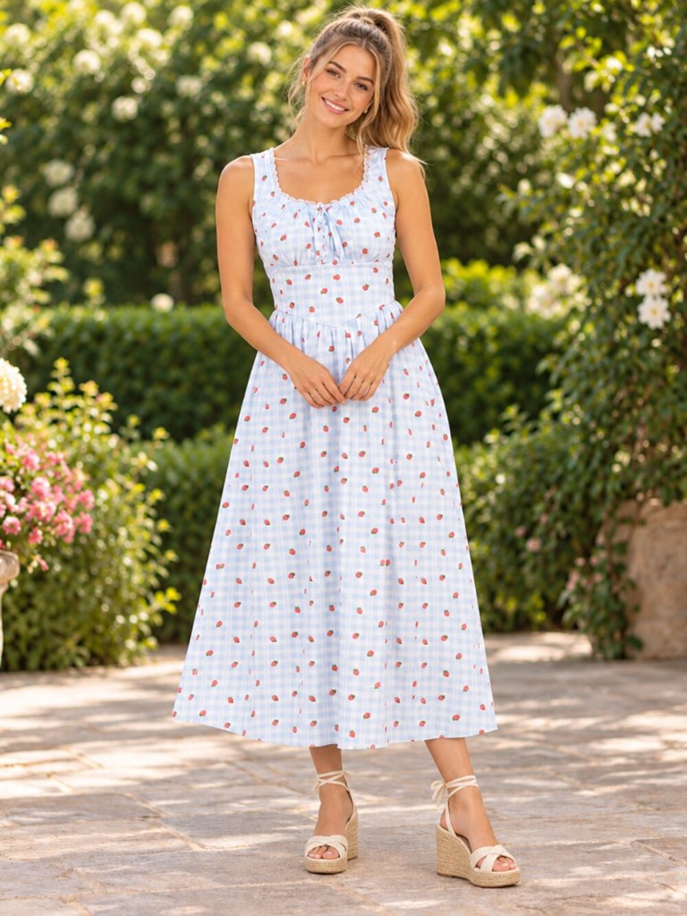 Lea Cotton Strawberry Gingham Midi Dress Size M NWT Fully Lined